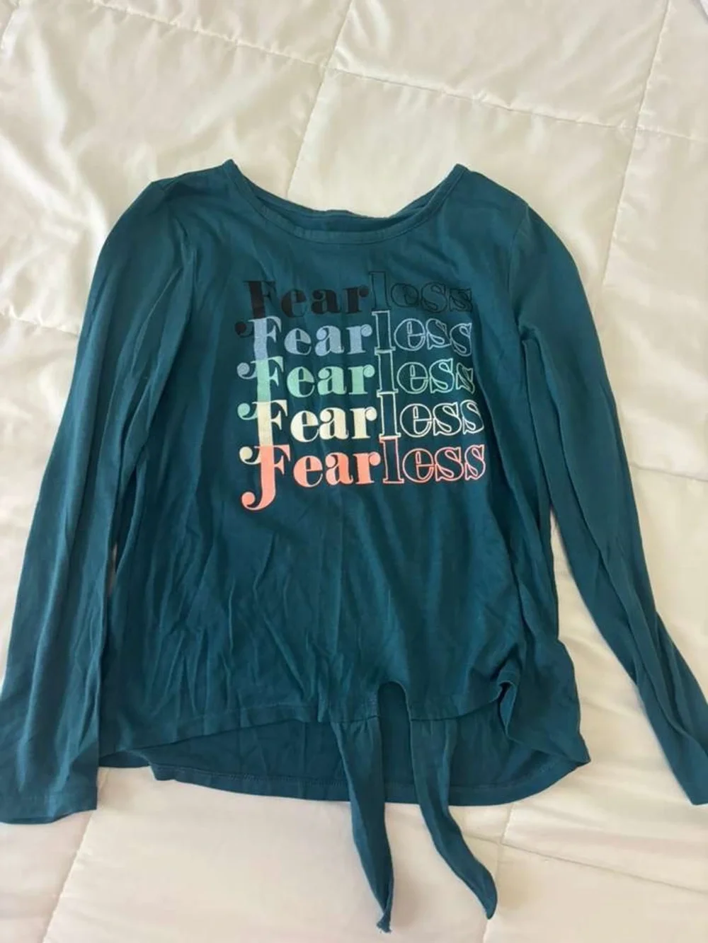Justice Teal Long-Sleeve 'Fearless' Tie-Front Top